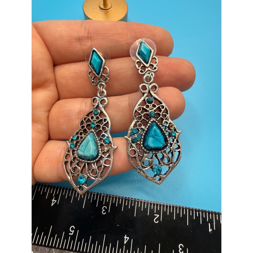 Boho Silver Tone Filigree Faux Turquoise Blue Rhinestone Drop Statement Earrings
